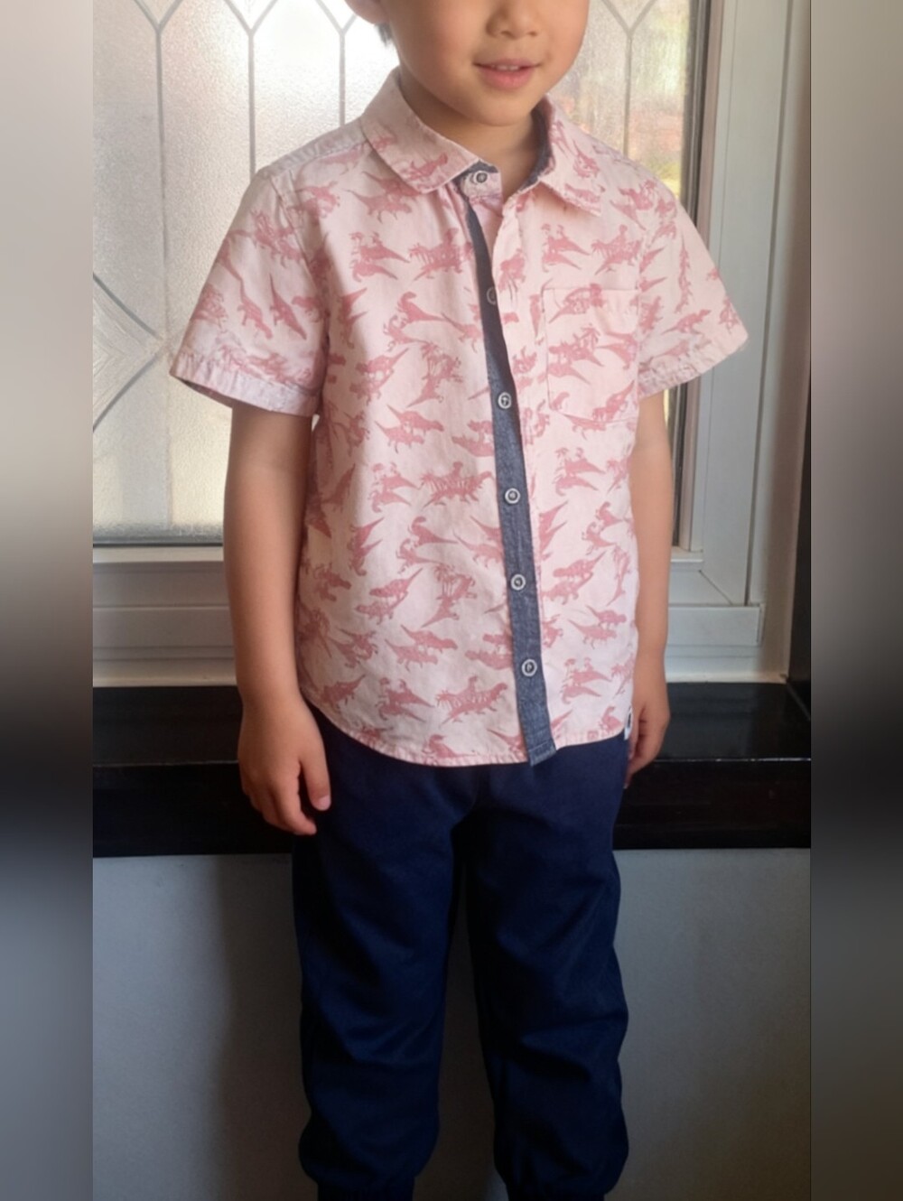 Free Planet Boys Short Sleeve Dino Print Button-Up with Navy Joggers